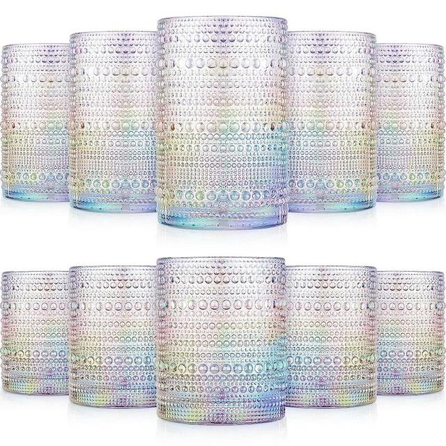 Foaincore 12 Count Hobnail Drinking Glasses Set Vintage Glassware Old Fashioned Beverage Glasses 6 Highball Bubble Cocktail 14oz 6 Rocks Glass Cup 11oz Water Elegant Glassware (Rainbow)