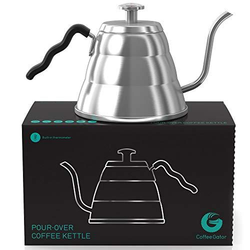 Gooseneck Kettle - Coffee Gator Pour Over Kettle - Precision-Flow Spout and Thermometer - Barista-Standard Hand Drip Tea and Coffee Kettle for Induction and all Stovetops - 34oz