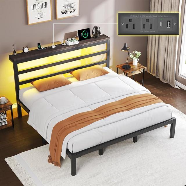 E-Motie King Size Bed Frame with Storage Headboard, Industrial Platform Bed with Charging Station and LED Lights,Underbed Storage Space, No Box Spring Needed, Easy Assembly, Modern, Black