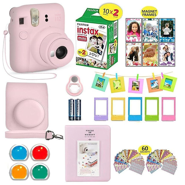 Fujifilm Instax Mini 12 Camera Bundle - Pink, 20 Film Sheets, Carrying Case, Photo Album, Frames, Filters