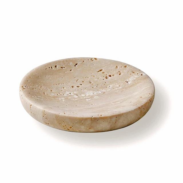 PHINILUX Round Travertine Tray for Jewelry, Marble Trinket Dish Tray, Nightstand Decor, Coaster, Soap Dish,Sponge Holder for Bathroom, Beige