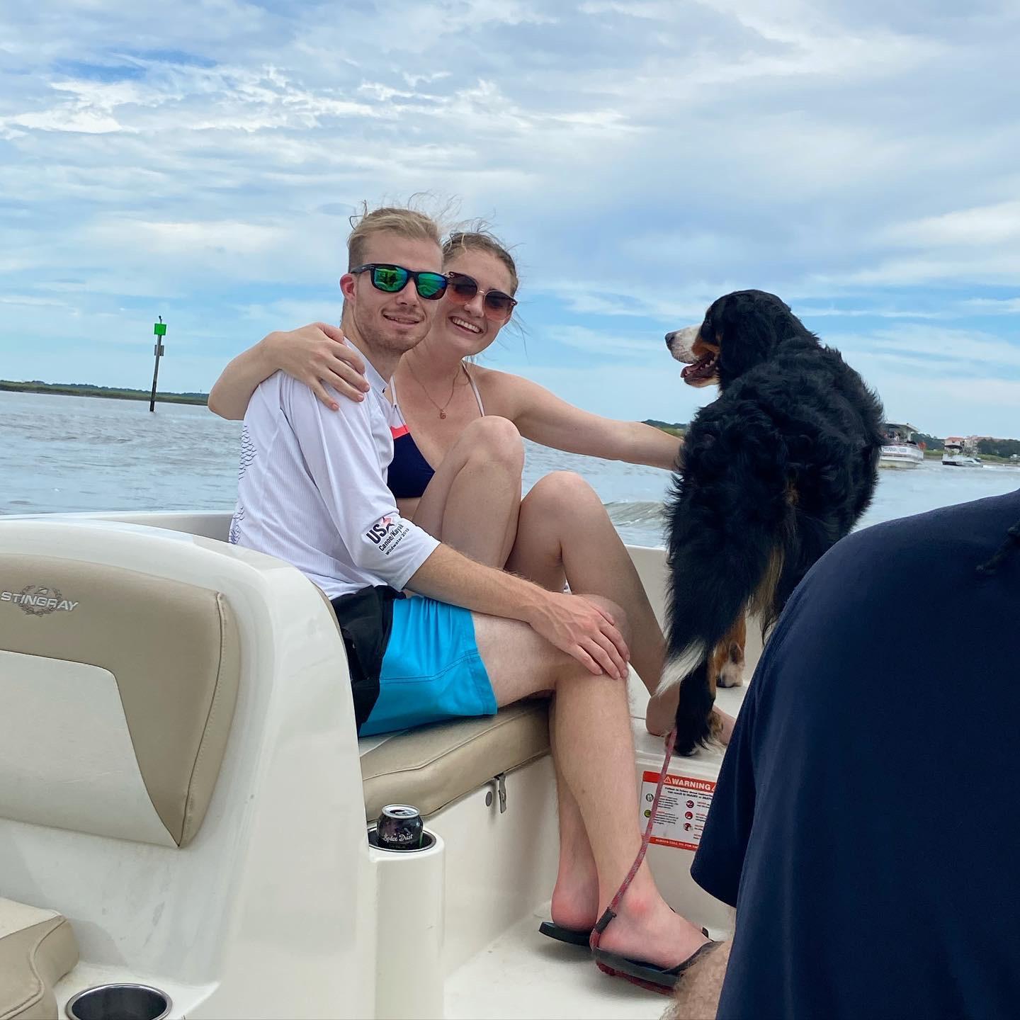 On a pontoon, making waves with Maxi in Hilton Head!