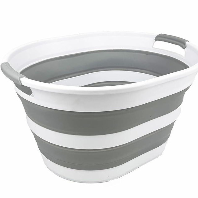 SAMMART Collapsible Plastic Oval Laundry Basket 23L (6 Gallons) -Foldable Storage Container/Organizer - Portable Washing Tub - Space Saving Hamper for Laundry, Camping & Home (White/Grey)