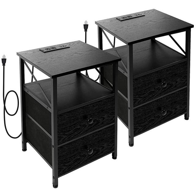 AMHANCIBLE Black Nightstands Set of 2 with Charging Station, End Tables Living Room with 2 USB Ports and 2 Outlets, Side Tables Bedroom with 2 Drawers