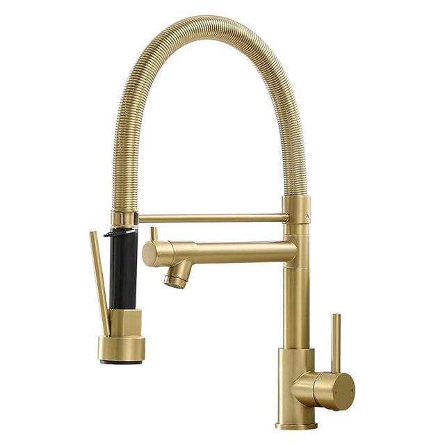 Fapully Commercial Pull Down Kitchen Faucets with Sprayer,Single Handle Spring Brushed Gold Kitchen Sink Faucet