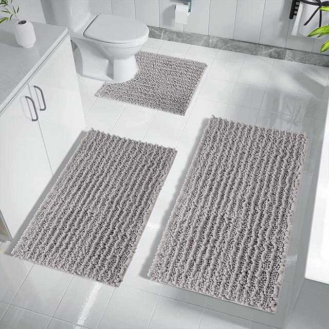 Yimobra Luxury Bathroom Rugs Sets 3 Piece, Fluffy Thick Absorbent Large Plush Rug Set with Toilet Mats, Ultra Soft Shaggy Bath Room Floor Mat, Non Slip, Machine Washable, Quick Dry, Light Gray