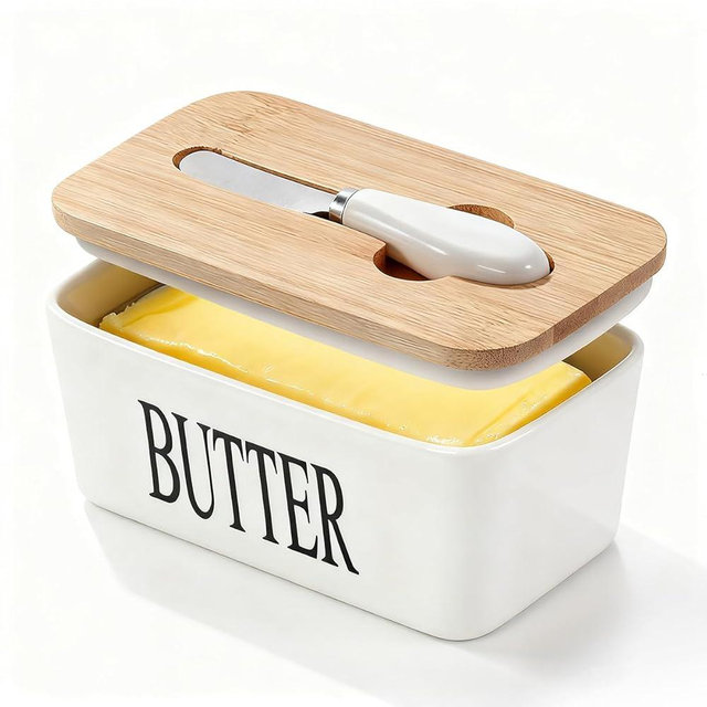 GVUHR Ceramic Butter Dish with Lid And Knife，Airtight Butter Crock with Lid For Countertop，Premium Large Butter Container For Refrigerator，Covered Butter Dish with Knife (White)
