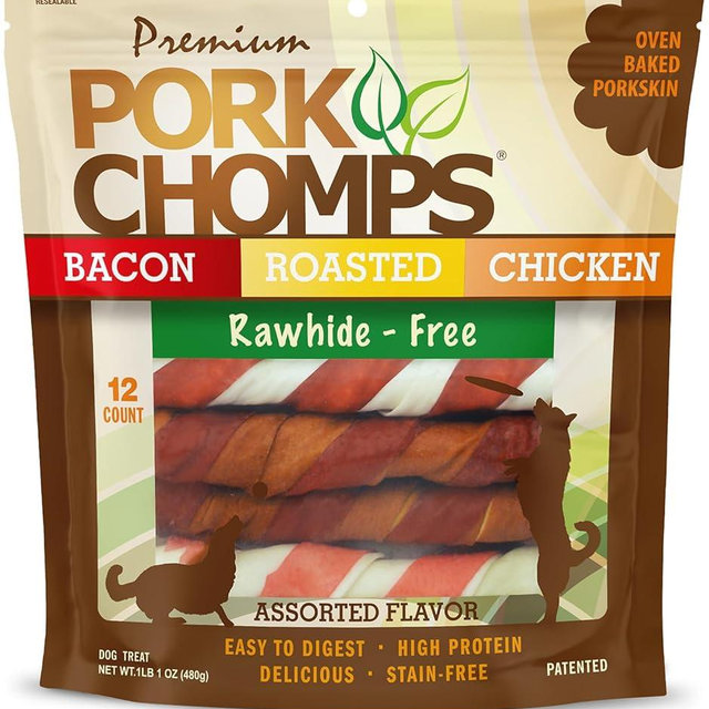 Pork Chomps Baked Pork Skin Dog Chews, 6 Inch Twists, 12 Count - Assorted Flavors - Long-Lasting Treats for Dogs - High Protein, Rawhide-Free, Low Fat, Healthy & Delicious Chews
