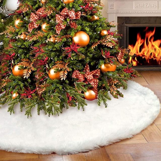 AerWo Faux Fur Christmas Tree Skirt 48 inches Snowy White Tree Skirt for Christmas Decorations
