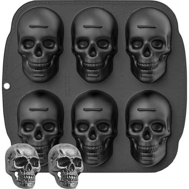 NICITY 6 Cavity Skull Cake Pan with 2 Fridge Magnets, Halloween Skull Silicone Molds for Baking Chocolate Resin
