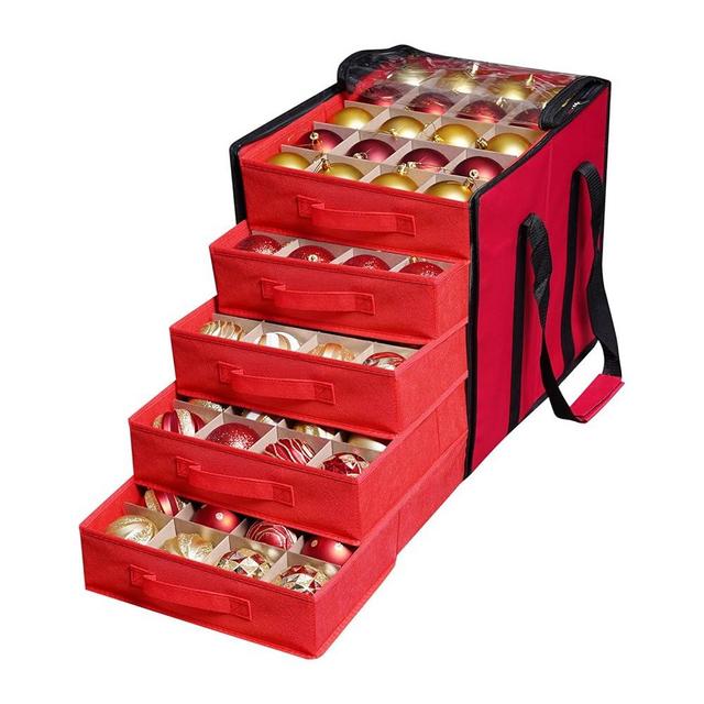 Lambada Christmas Ornament Storage Box, Visible Christmas Storage Container with Dual Zipper, 600D Oxford Fabric Xmas Decorations Organizer - Stores up to 100-3" Ornaments (Cherry Red)