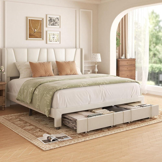 viplov King Bed Frame with Storage Drawers, Upholstered Platform Bed with Headboard and Wingboard, No Box Spring Needed, NO Noise, Easy Assembly, Wooden Support Slats, Beige