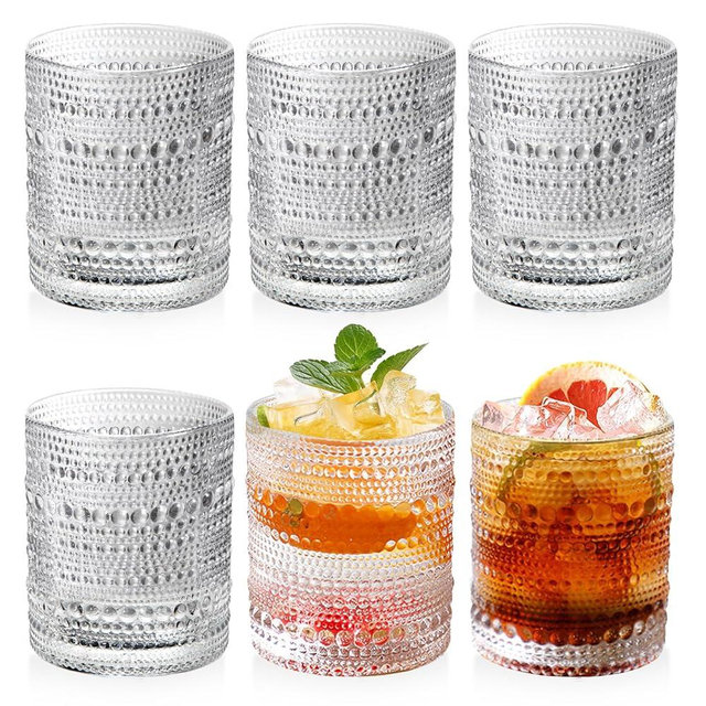 Hobnail Glasses Set of 6 Highball Vintage Drinking Glasses 12OZ Clear Embossed Vintage Glassware Mini Rock Glass Cup for Water, Juice,Cocktail, Wine, Beer, Whiskey for Thanksgiving Day, Christmas Gift