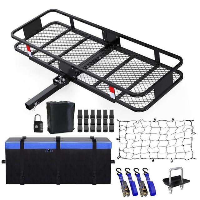 FORWODE 60x24x6 Cargo Carrier for 2 Inch Receiver, 500LB Capacity Hitch Mount Rack, Folding Basket With Waterproof Bag, Stabilizer, Net and Straps