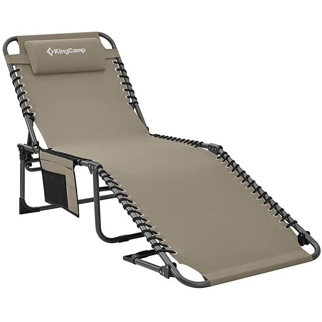 KingCamp Adjustable 4-Position Patio Chaise Lounge Chair Heavy Duty Outdoor Camping Recliner Folding Cot with Pillow Pocket for Garden Yard Lawn Sunbathing Beach Pool, Supports 265lbs