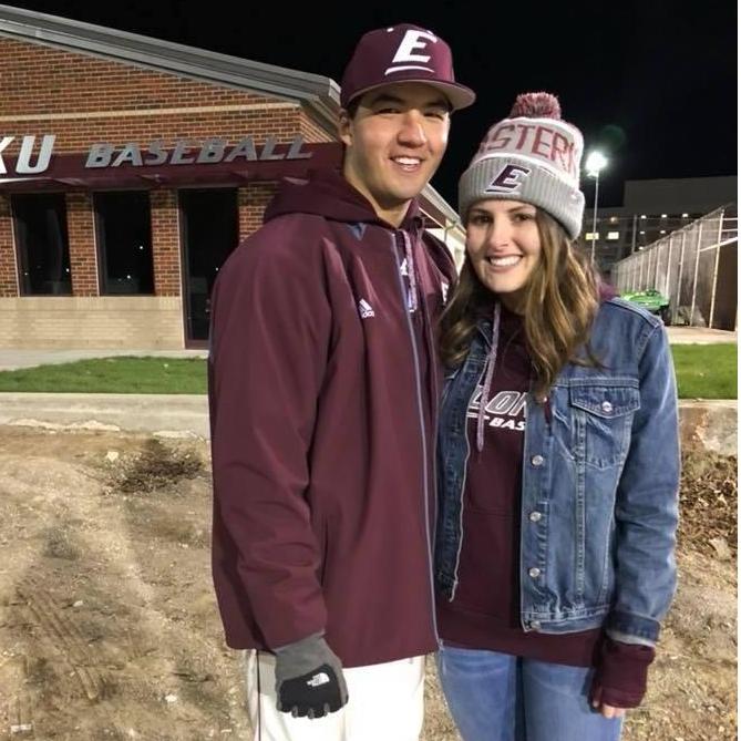 Katie spent many cold days at Turkey Hughes Field cheering on Aaron and the Colonels during college.