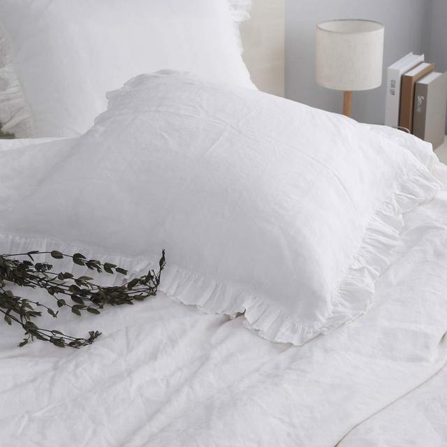 Simple&Opulence 100% Linen Stone Washed Euro Sham with Ruffle 26x26 Inch Pillow Cover Set of 2 (White, 26"x26")