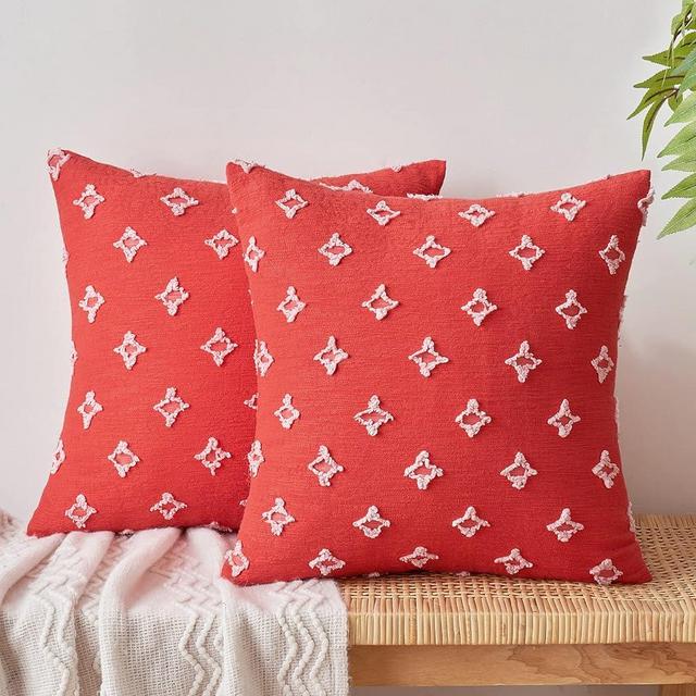 EMEMA Decorative Throw Pillow Covers Rhombic Jacquard Pillowcase Cushion Case Squarefor Couch Sofa Bed Living Room Bedroom Set of 2, 18x18 Inch, Light Red