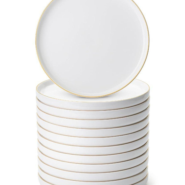 Brew To A Tea White Dessert Plates, Set of 12, 8" Round, Classic Style, Porcelain Construction, Dessert Plates