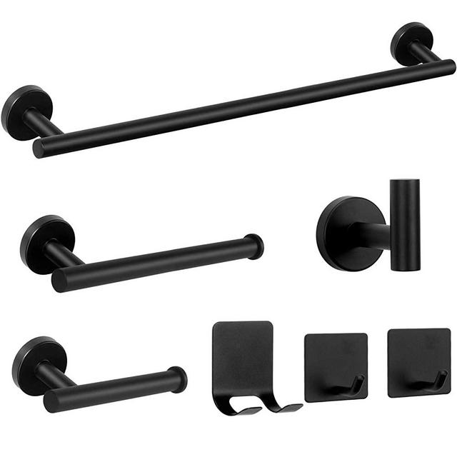 NearMoon 7 Pieces Bathroom Hardware Set SUS304 Thicken Stainless Steel-Towel Rack Set Include 24" Towel Rod+ 9" Hand Towel Bar+ Toilet Paper Holder+4Robe Towel Hooks Bathroom Accessories (Matte Black)