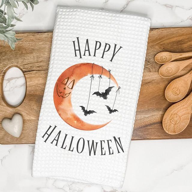 Happy Halloween Orange Moon w/ Bats Kitchen Tea Towel | Gift for Hostess/Housewarming Party | Farmhouse Hand/Dish Towel | AirBnb Home Decor