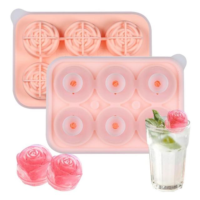 Generic 2 Pack 3D Rose Ice Cube Molds, Ice Cube Trays for Freezer with Lid, 6 Grid Silicone Easy Release Ice Trays, Cute Flower Rose Ice Cube for Gift, Date Drinks, Coffee, Whiskey, Cocktail (Pink)