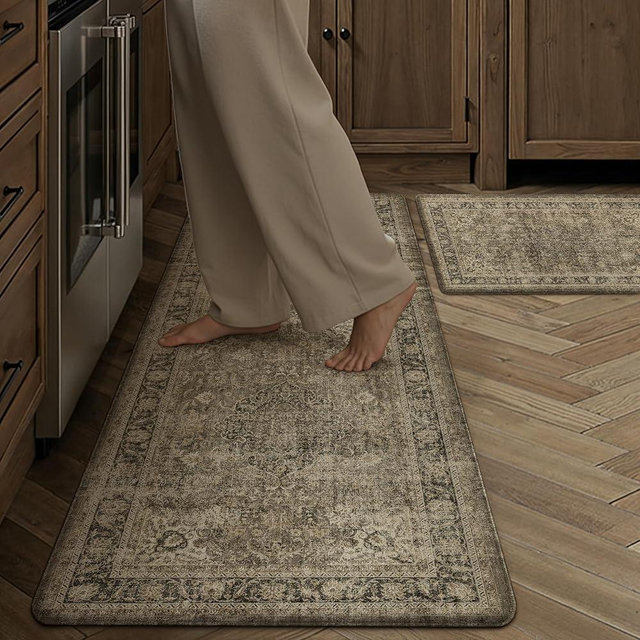 WondRg Vintage Kitchen Mats for Floor Anti Fatigue Waterproof Kitchen Rugs Sets of 2 Brown Cushioned Non-Slip Kitchen Mats Comfort Standing Mat for Sink Laundry Office 17.3"×47"+17.3"×30"