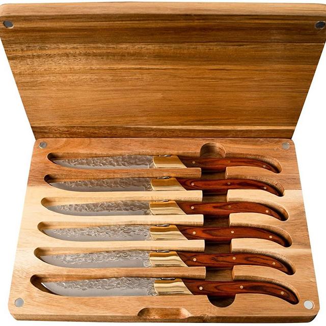 La Cote 6 Piece Pakka Wood Cupreous Steak Knives Set Japanese Stainless Steel Wood Handle In Gift Box (6 PC Pakka Wood With Acacia Wood Box)