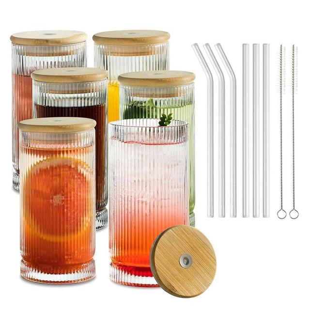 KEMORELA Vintage-Style 16oz Tall Drinking Glasses: Set of 6 Ribbed Glassware with Lids and Straws - Perfect for Cocktails, Smoothies, Juice, Beer, and Coffee - Versatile Design for All-Occasions