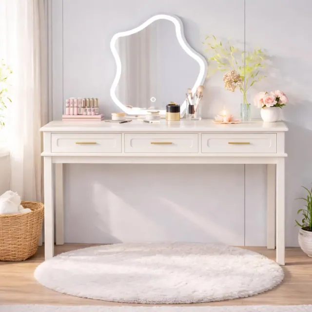 Cream White Makeup Vanity Desk Dressing Table with 3 Drawers, Office Writing Desk Entryway Console Table Storage Accent Table, No Mirror - ModernLuxe