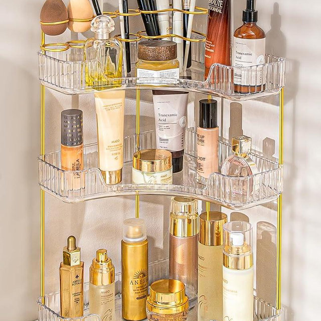 NATURE'S SOURCE Makeup Organizer for Vanity, 3-Tier Corner Bathroom Organizer Countertop with Makeup Brush Holder, Corner Counter Storage for Bathroom, Dresser, Kitchen（Clear