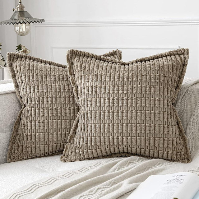 MIULEE Light Brown Corduroy Decorative Throw Pillow Covers Pack of 2 Soft Striped Pillows Pillowcases with Broad Edge Modern Boho Home Decor for Couch Sofa Bed 18x18 Inch
