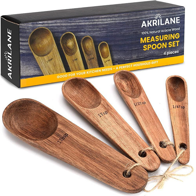 Wooden Measuring Spoons Set Kitchen Utensil Set Tools | Premium Acacia Wooden Spoon Kitchen Utensils for Chefs | Engraved Accurate Spoons for Dry and Liquid Ingredients | Set of 4