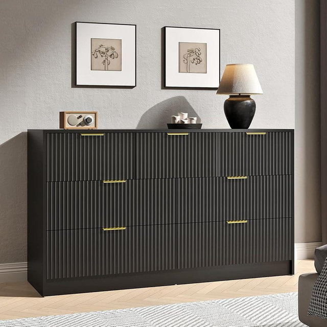 NOVAMAISON Black Dresser with 7 Drawer - 55” Wide Fluted Dresser for Bedroom with Metal Handle, Chest of Drawer, Wood Dresser TV Stand for Bedroom, Living Room, Black