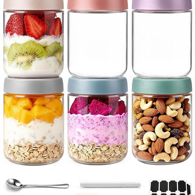 6 pack 16 oz Overnight Oats Containers with Lids and Spoons Glass Jars with Airtight Lids: Wide Mouth Mason Salad Jars, Leakproof and Reusable Glass Food Storage Container for Yogurt Snacks Spice