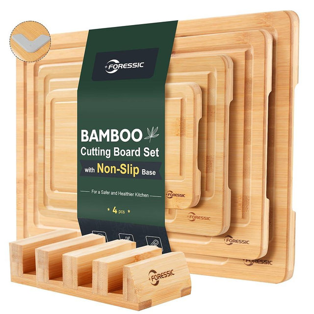 Bamboo Cutting Board Natural Bamboo Set With Smooth Surface 4 Packs with Non Slip Feet Holder and Over Sink Solid Thick Durable Wood Charcuterie Serving Tray Vegetables Fruits Kitchen Gifts (Natural)