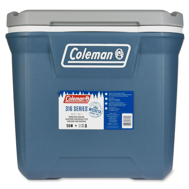 Coleman 316 Series 60QT Ice Chest Rolling Cooler with Wheels, Lakeside Blue