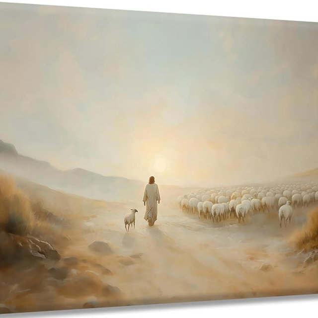 Jesus Leaves the 99 Wall Art Jesus Sheep pictures Wall Decor The Lost Lamb Poster Print Christian Landscape Painting Artwork for Gallery Church Home Decoration 24x16in Canvas