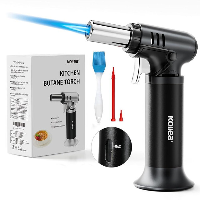 Kollea Butane Torch with Fuel Gauge T907, One-hand Operation Culinary Blow Torch Lighter with Safety Lock & Adjustable Flame for Cooking, Baking, Creme Brulee, Food Desserts (Butane Gas Not Included)