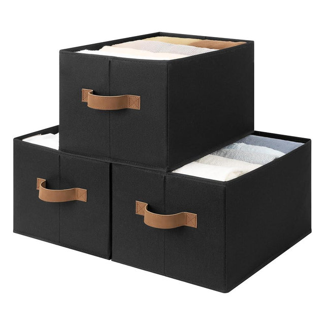 StorageWorks Storage Bins for Shelves, Closet Organizers and Storage Baskets, Fabric Clothes Organizer, Foldable Laundry Baskets, Black, 3-Pack, Large