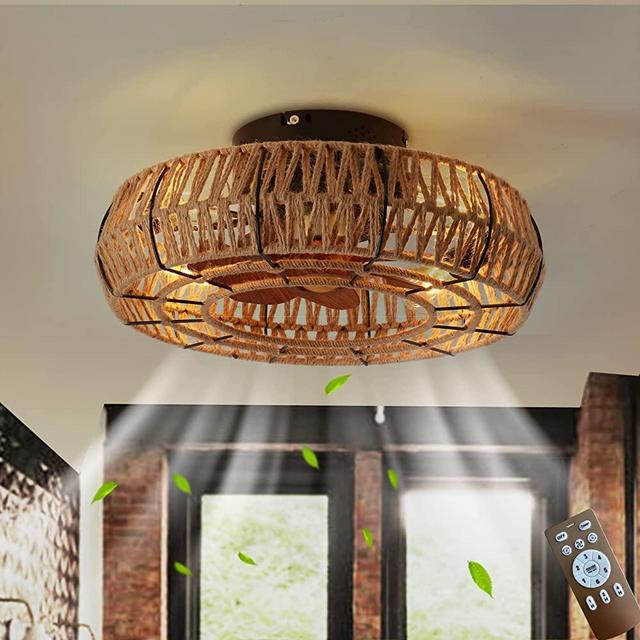 Letmarey Low Profile Caged Ceiling Fans with Lights, 20" Medieval Boho Style Flush Mount Ceiling Fan Light, Enclosed Bladeless Farmhouse Ceiling Fan 6 Speed Reversible with 4 bulbs And Remote Control.