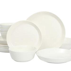 Gibson Home Summer Shades 16 Piece Plates and Bowls Dishes Service for 4 Porcelain Dinnerware Set - White