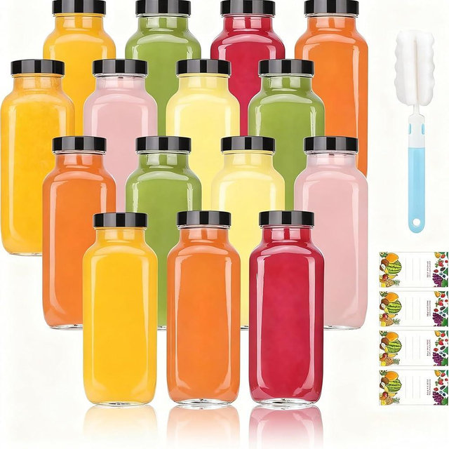 15 Pack 8 oz Glass Juice Bottles with Black Lids & Labels, Reusable Travel Juice Storage Containers, Clear Glass Drink Jars for Juicing, Water, Ginger, Wellness Shots - Leakproof, Dishwasher Safe
