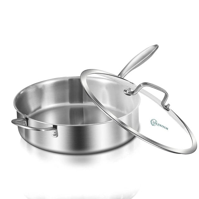 LOLYKITCH 10 Inch Tri-Ply Stainless Steel Sauté Pan with Lid,3 QT Deep Frying Pan,Small Skillet,Jumbo Cooker,Induction Cooking Pan,Dishwasher and Oven Safe,Detachable Handle