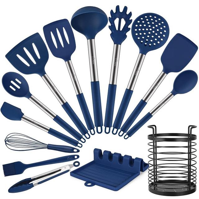 HOTEC Heat Resistant Silicone Kitchen Utensils, Cooking Utensil Set, Spatula Set, BPA Free, Kitchen Gadgets, with Stainless Steel Utensils Holder, Dishwasher Safe, 14pcs Classic Blue