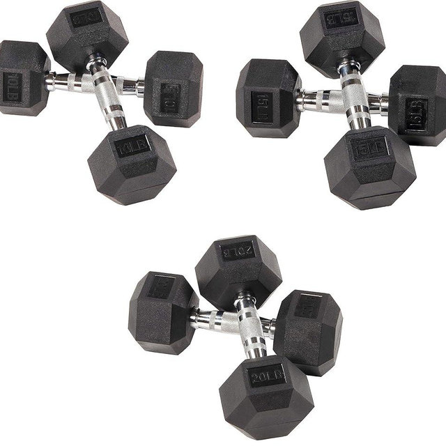 Fitvids Rubber Encased Hex Dumbbell, Set Including 10, 15, 20LB Pairs