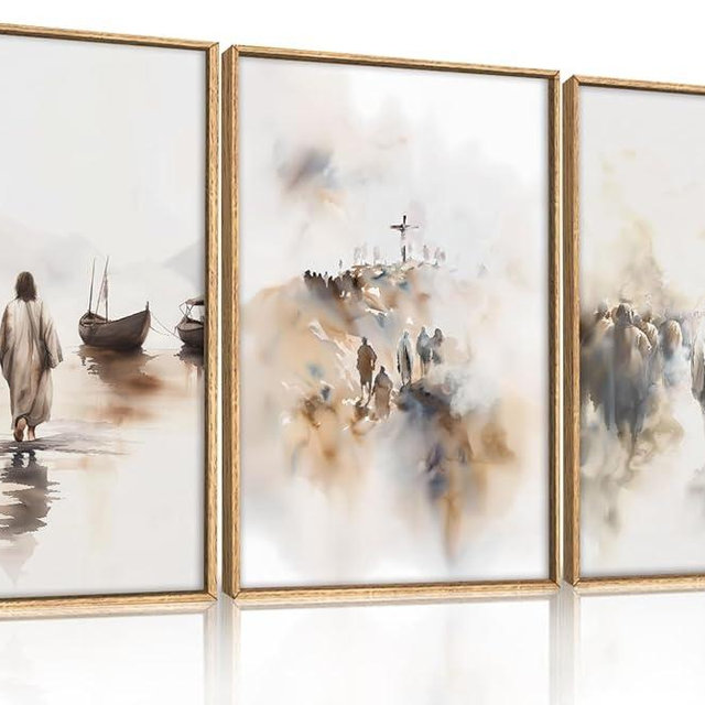 Ausril Jesus Framed Canvas Wall Art Set,Christian Bible Wall Decor, Minimalist Boho Christian Wall Painting, Retro Christmas Generic The Cross Art Prints for Living Room Bedroom, Church -16"x24"x3