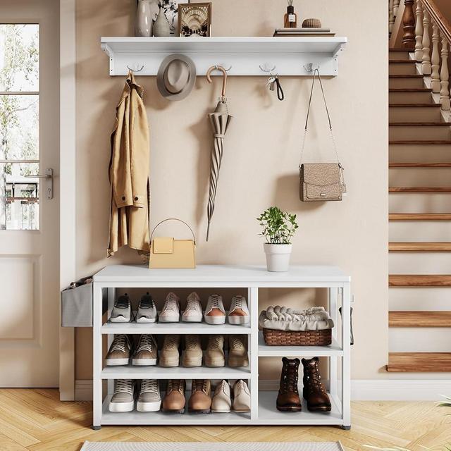 Aiho Hall Tree with Bench, 4 in 1 Coat Rack Set, Industrial Shoe Rack Bench with 4 Hooks, 5 Storage Shoe Cubbies, for Entryway, Hallway, White