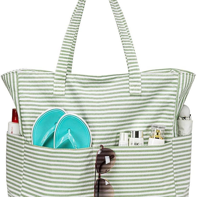 LEDAOU Large Beach Tote Bag Women Waterproof Sandproof Zipper Beach Tote Bag for Pool Gym Grocery Travel with Wet Pocket