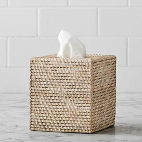 Tava Handwoven Rattan Tissue Box Cover, White Wash